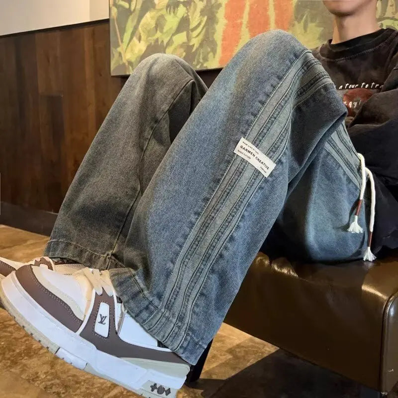 Three bar American retro jeans men's spring and autumn new style high street elastic waist loose casual men's straight leg long - Matrix Studios