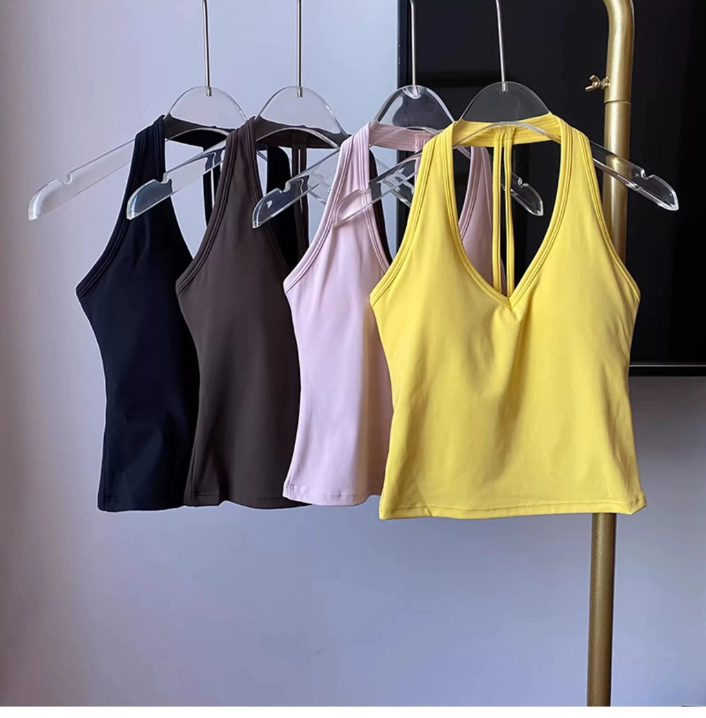 Women's Sexy V-Neck Fitness Bra Nude Sports Bra Hanging Neck Yoga Suit Vest Comfortable Breathable Gym Top for Active Wear - Matrix Studios