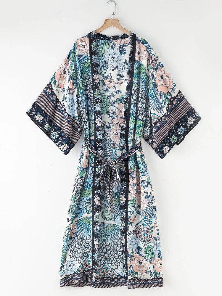 Bohemian Printed Bikini Cover-ups Green Tunic Long Kimono Cardigan Plus Size 2023 Women Beach Wear Swim Suit Cover Up A155 - Matrix Studios