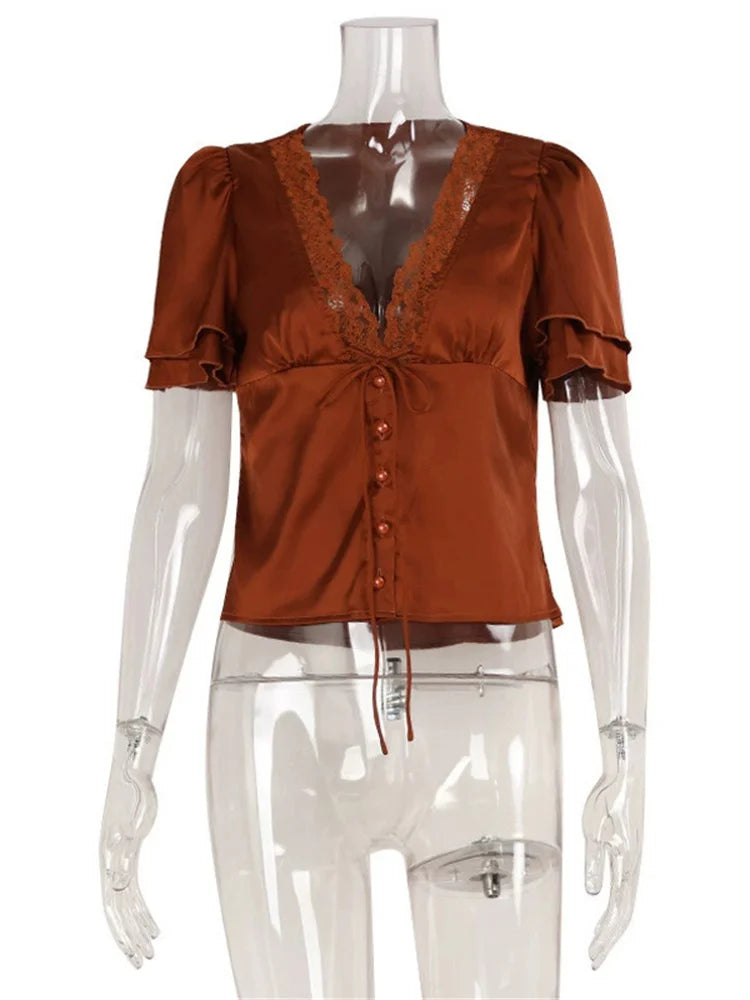 Tossy Lace Summer V-Neck T-shirt Top For Women Lace-Up Hollow Out Short Sleeve Printed Cropped Top Pullover Female Bandage Tee - Matrix-studios.com