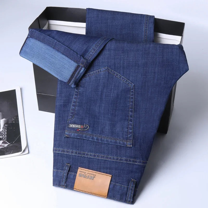 New Ice Silk Thin Denim Jeans For Men Blue Straight Stretch Cotton Pants Business Casual Lightweight Trousers Spring Summer - Matrix Studios