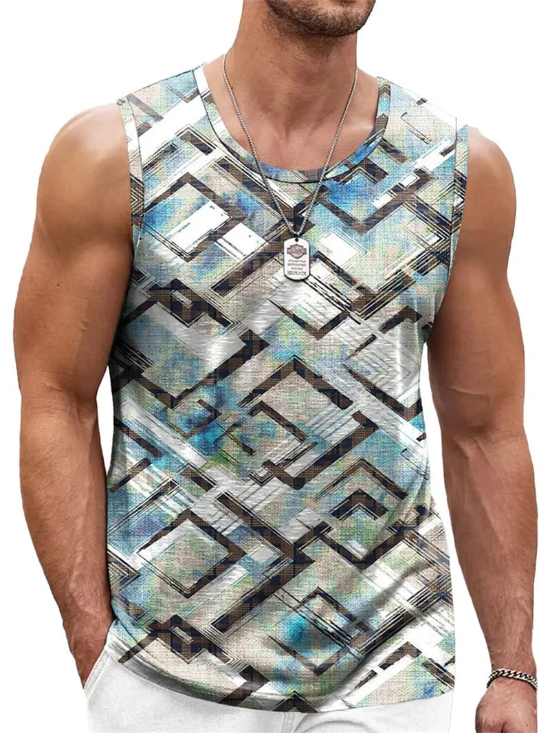 Mens Retro Geometric 3D Printed Tank Top Summer Casual Crew Neck Fashion Trend Sleeveless Vest Loose Breathable Sports Tops - Matrix Studios