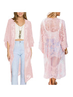 Women Beachwear Cardigan Solid Color 3/4 Sleeve See-Through Embroidery Flower Beach Dress For Women Summer Holiday Cover-Up - Matrix Studios