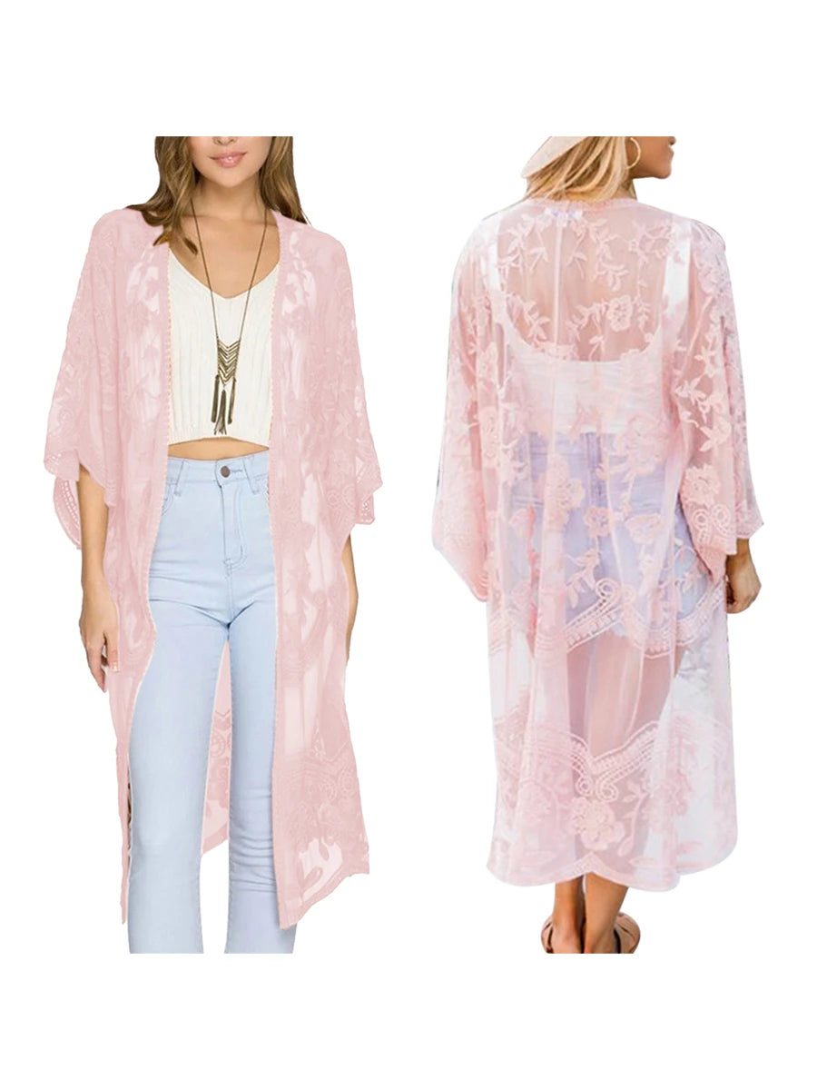 Women Beachwear Cardigan Solid Color 3/4 Sleeve See-Through Embroidery Flower Beach Dress For Women Summer Holiday Cover-Up - Matrix Studios