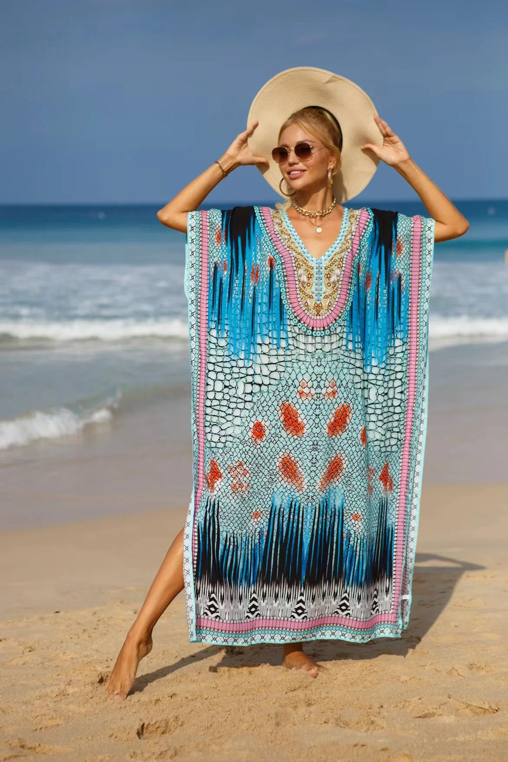 Kaftan Dresses Tropical Printed Cover Ups for Swimwear Women Elegant Maxi Robe Holiday Bathing Suits Dropshipping Hot Sales - Matrix Studios