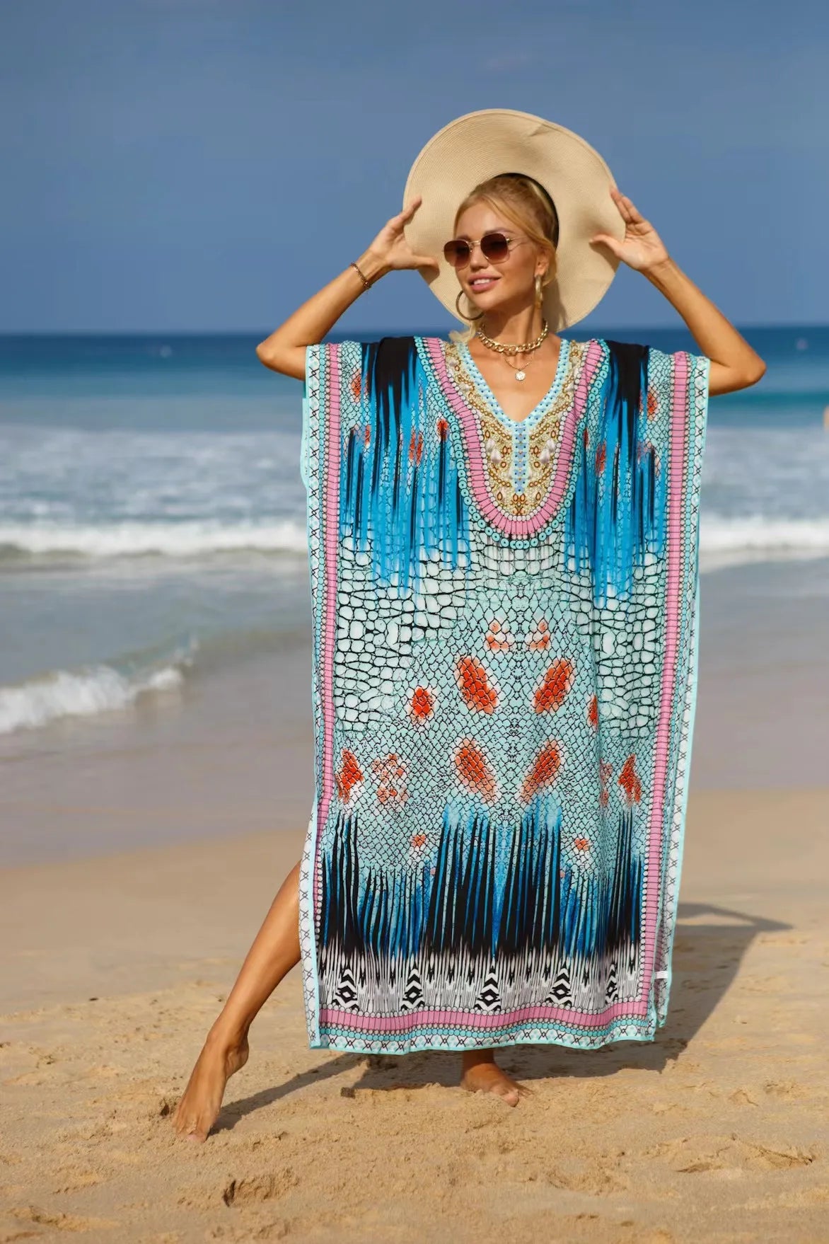 Kaftan Dresses Tropical Printed Cover Ups for Swimwear Women Elegant Maxi Robe Holiday Bathing Suits Dropshipping Hot Sales - Matrix Studios