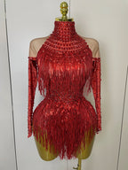 Women Sparkly Rhinestone Sequin Tassel Stretch Bodysuits 2025 New Arrival Birthday Party Nightclub Dj Stage Performance Costume - Matrix Studios