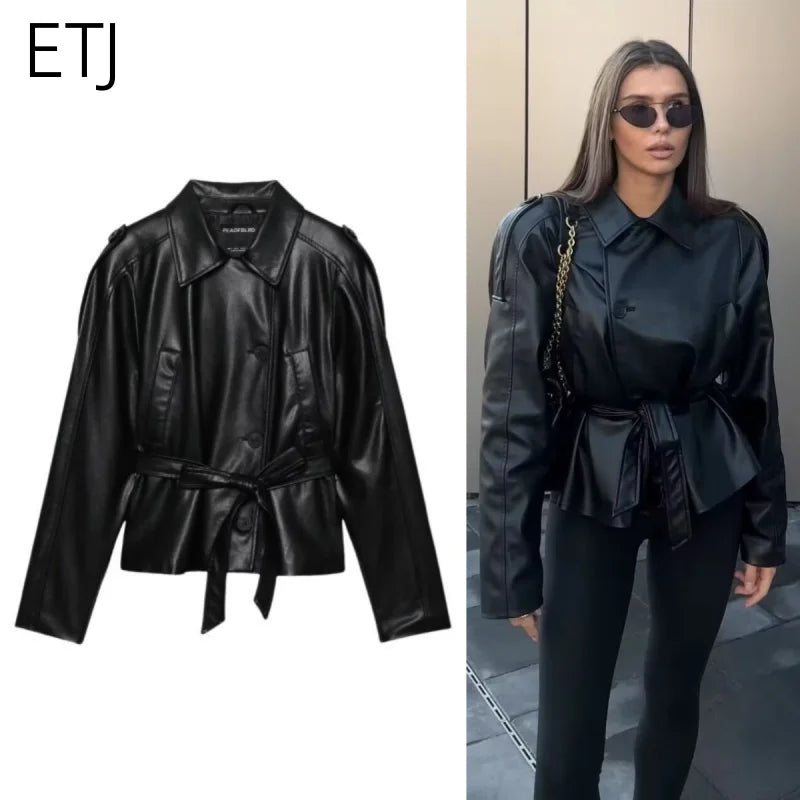 ETJ 2025 autumn new women's fashion belt imitation leather long sleeve short trench coat casual leather coat - Matrix Studios