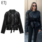 ETJ 2025 autumn new women's fashion belt imitation leather long sleeve short trench coat casual leather coat - Matrix Studios