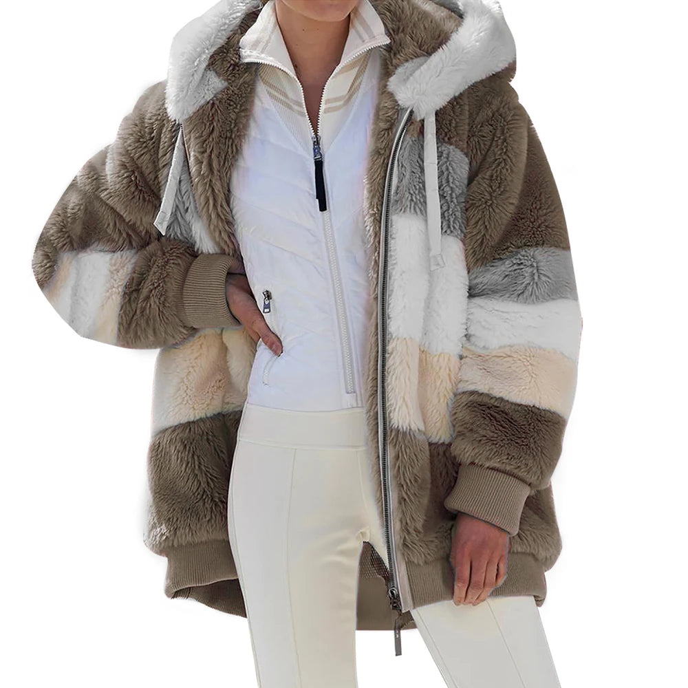 Oversized Jacket for Women Coat 2025 Autumn Winter Warm Plush Pocket Hooded Streetwear Loose Lady Zipper Cashmere Outerwear Coat - Matrix-studios.com