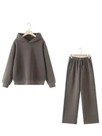 HH Women Solid Casual Sweatshirt Pant Suit Long Sleeve Hooded Fleece Pullover Coat Loose Straight Trousers Office Lady Sets - Matrix-studios.com