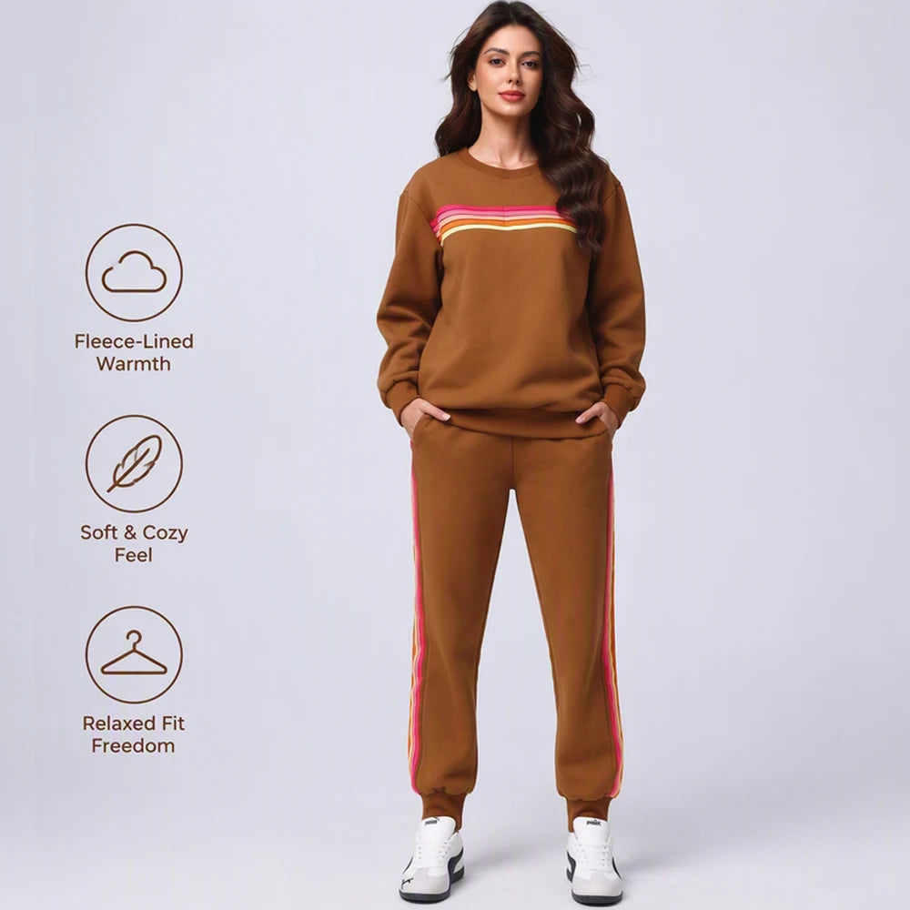 Women's 2 Piece Outfits Rainbow Stripe Sweatsuit Set Long Sleeve Crewneck Sweatshirt Pullover Top & Jogger Pants with Pockets Soft Casual Loungewear Tracksuit Oversized Relaxed Fit Matching Set for Fall Winter Streetwear