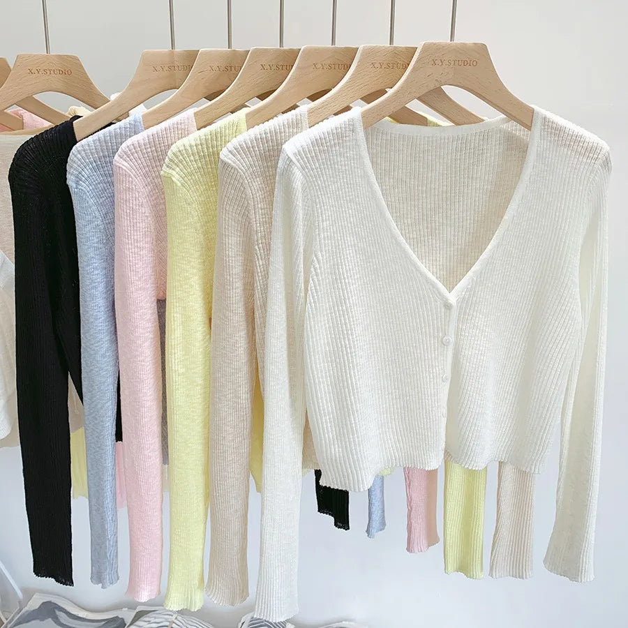 2026 Summer Thin Air Conditioning Blouse Ice Silk Knit Sun Protection Women Cardigan Solid Color Casual Short Shawl Outerwear - Matrix Studios