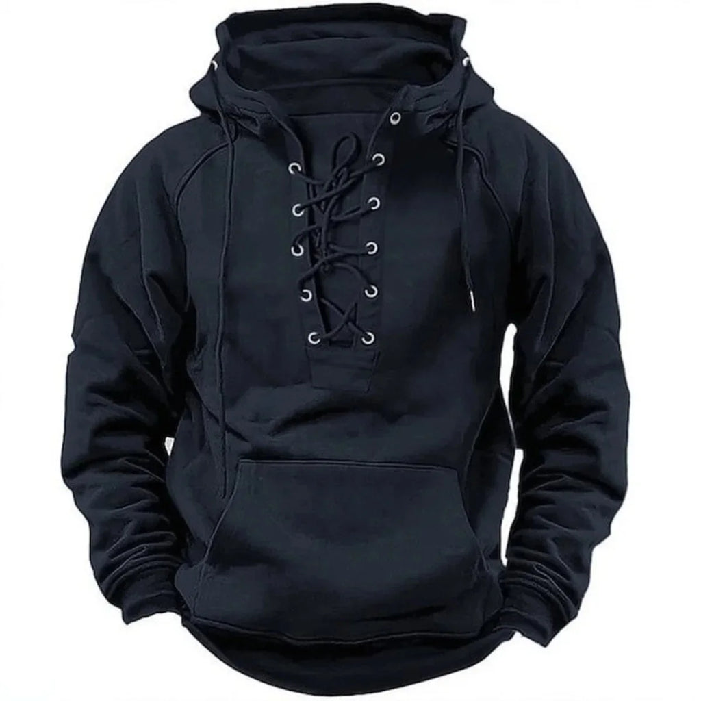 Men's Retro-Style Lace-Up Hooded Sweatshirt Loose-Fitting Long-Sleeved Pullover Pure Color Design for Autumn Winter Hoodie - Matrix Studios