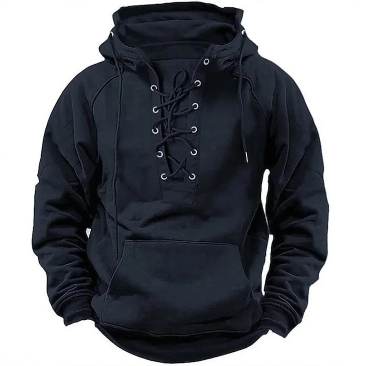 Men's Retro-Style Lace-Up Hooded Sweatshirt Loose-Fitting Long-Sleeved Pullover Pure Color Design for Autumn Winter Hoodie - Matrix Studios