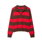 ETJ 2025 Autumn women's new line street style fashion yellow wide stripe polo neck loose version of long-sleeved sweater - Matrix-studios.com