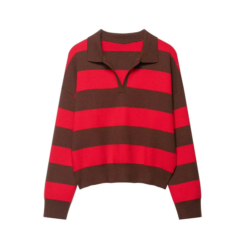 ETJ 2025 Autumn women's new line street style fashion yellow wide stripe polo neck loose version of long-sleeved sweater - Matrix-studios.com