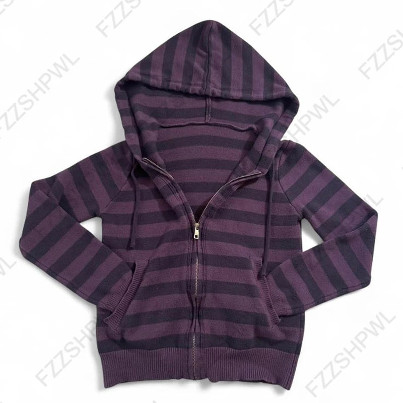 Harajuku Vintage Y2K Women's Hoodie Sexy Slim Fit Chic Casual Striped Cardigan Sweatshirt Grunge Punk Hip Hop Female Streetwear - Matrix Studios