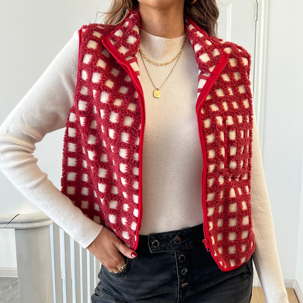 Women’s Fuzzy Checkered Vest Sleeveless Stand Collar Zip Up Vest Jacket Loose Spring Fall Warm Outwear - Matrix Studios