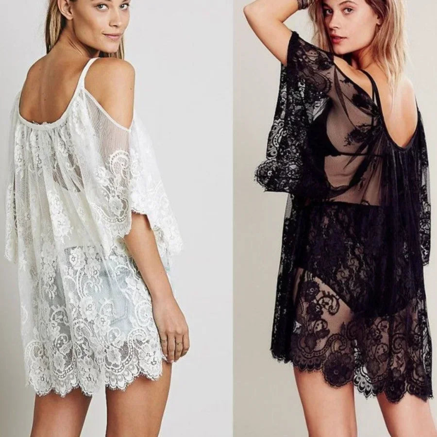 Off Shoulder Lace Beach Cover Up Pareo Playa Coverup Dress Vestido Livre Swimsuit Wear Swimwear White Lace Women Beachwear - Matrix Studios