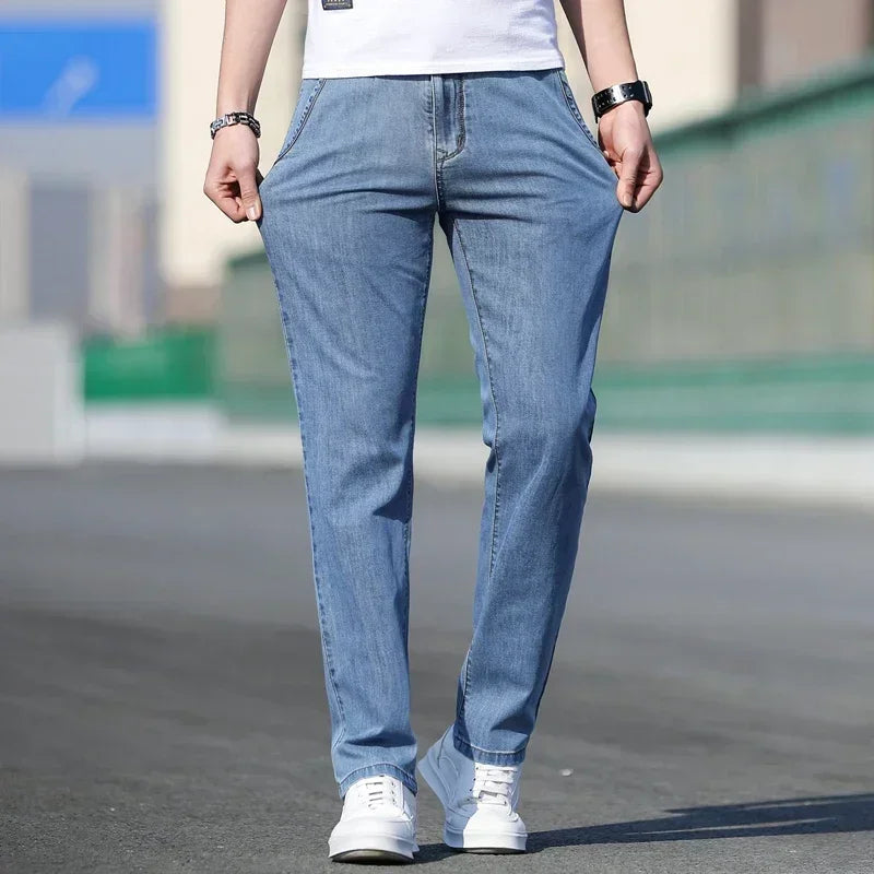 2025 Summer New Men's Loose Gray Jeans Fashion Casual Stretch Straight-leg Denim Pants Male Light Blue Men's Trousers - Matrix Studios