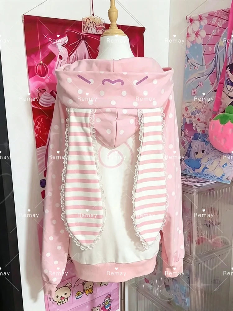 Japanese Kawaii Rabbit Ears Hoodies Tops Women Design Loose Dot Lace Patchwork Cute Coat Harajuku Chic Sweet Lovely Sweatshirts - Matrix Studios