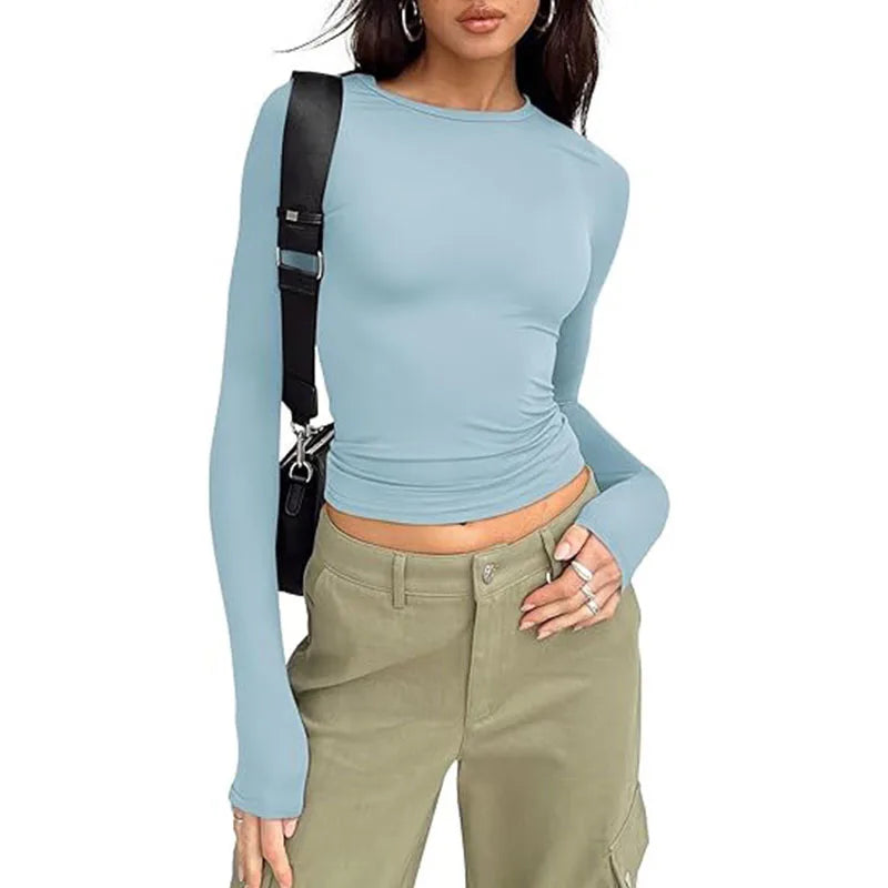 1pcs Four Seasons Fashion Senior Women T-shirt Long Sleeve Crew Neck Solid Slim Fit Tee Ladies Crop Top  Daily Streetwear Camis - Matrix-studios.com