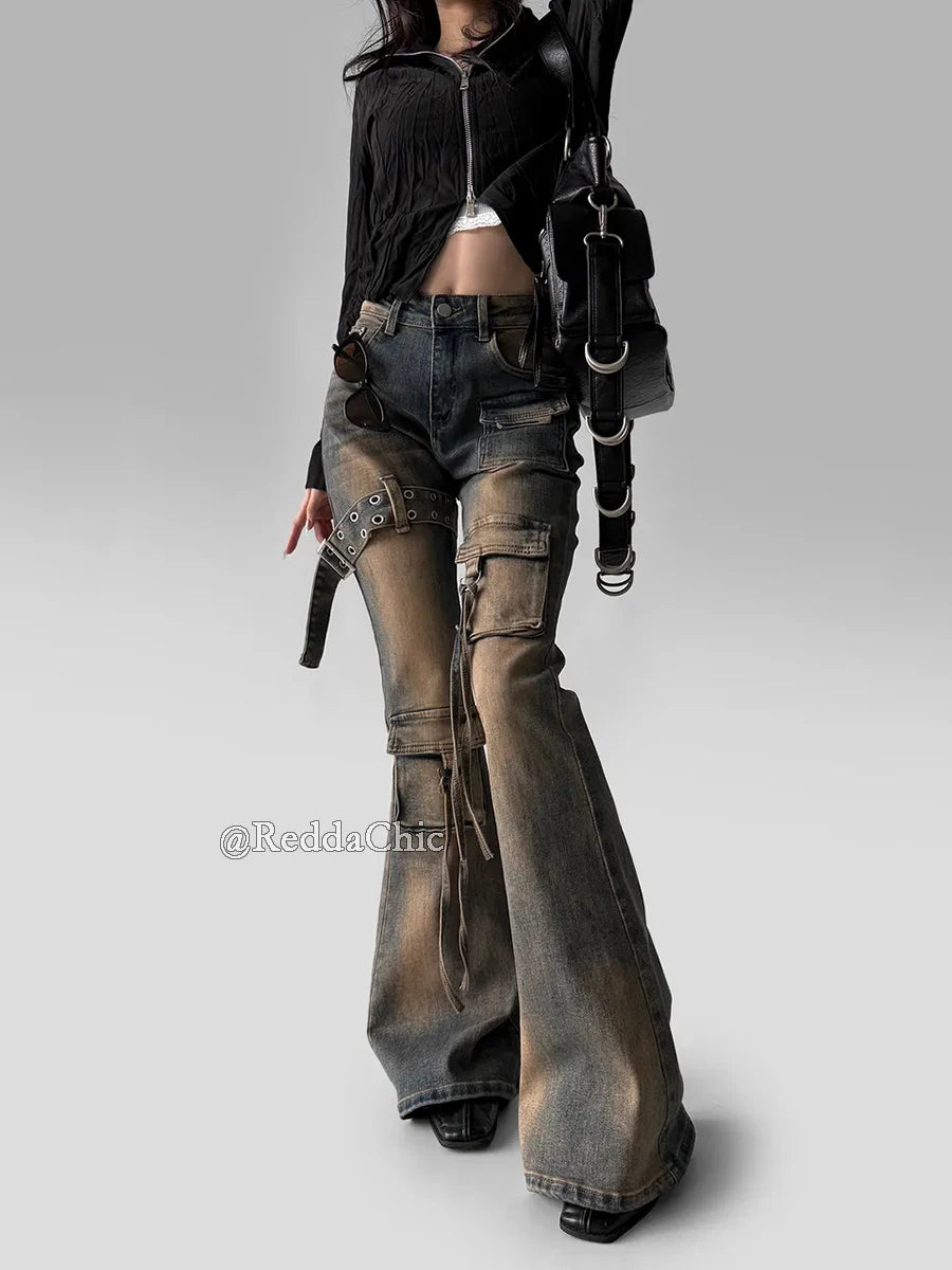 REDDACHiC Women Low Waist Cargo Flare Jeans Y2k Vintage Distressed Belted Fitted Bootcut Pants Bell Bottoms Korea Streetwear - Matrix-studios.com