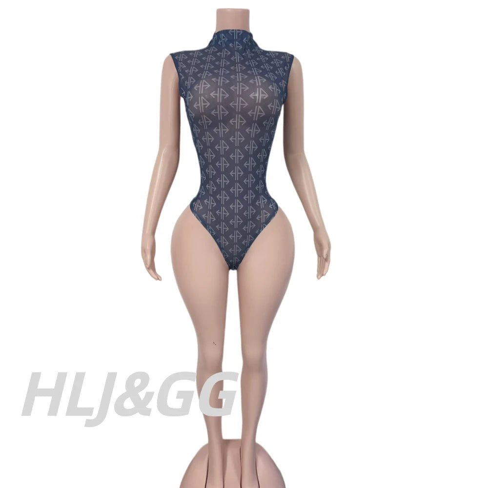 HLJ Y2K Sheer Mesh Print Two Piece Set Women Sleeveless High Neck Top + Flare Leg Pants Night Club Streetwear Matching Outfit - Matrix-studios.com