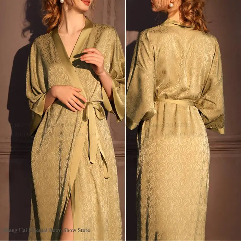 Luxury Jacquard Long Robe Nightgown Women Half Sleeve Kimono Bathrobe Gown Satin Ice Silk Sleepwear Sexy Home Dress Lounge Wear - Matrix-studios.com
