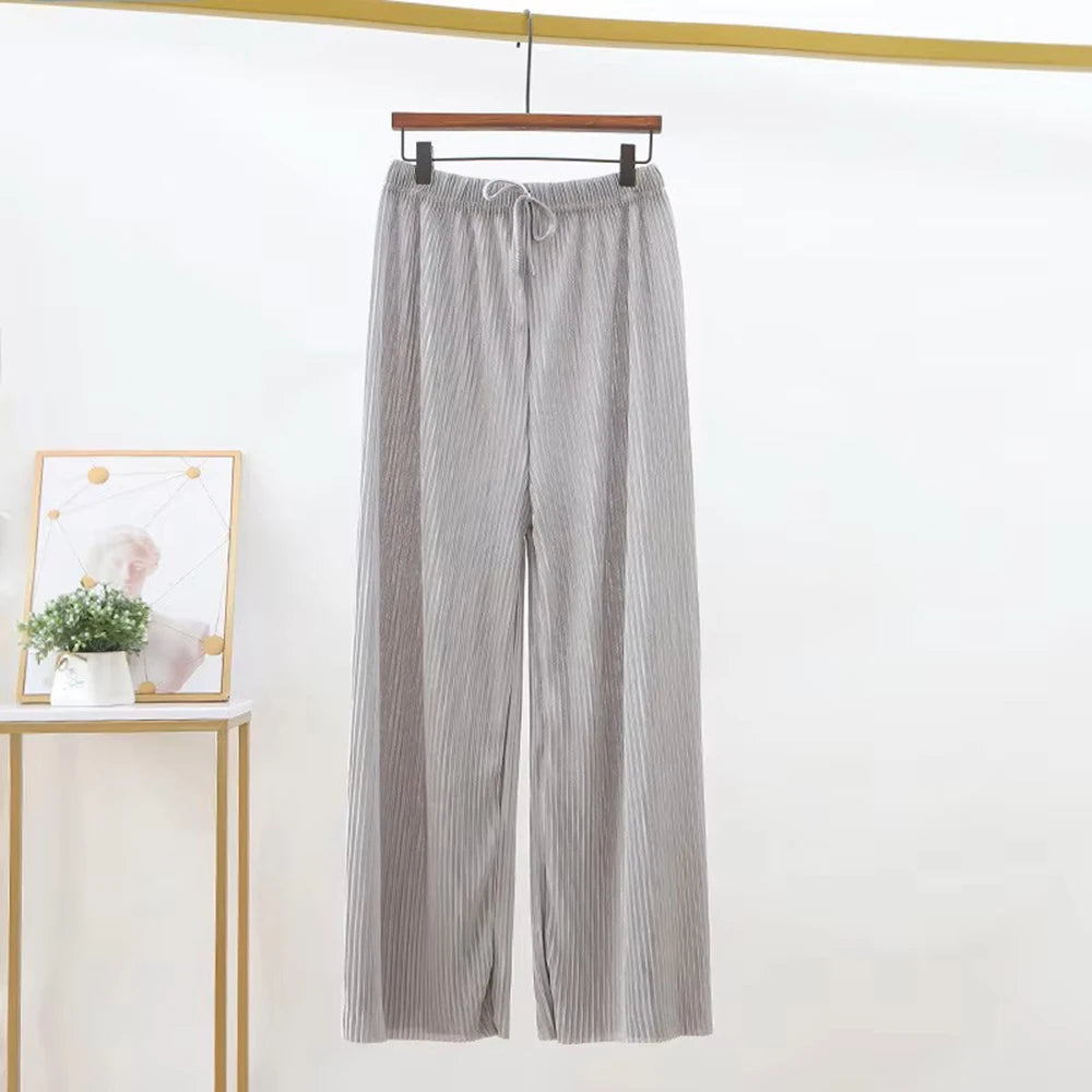 2025 Women's Pleated Loose Ice Silk Korean Casual Cropped Pants Wide Leg Trouse Home Classic Sports Wear Girls Clothes Black Top - Matrix-studios.com
