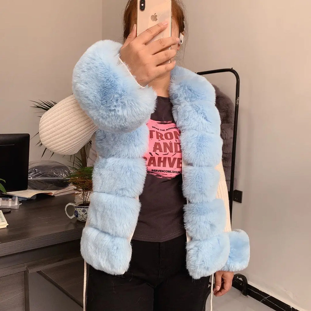 Women Knit Faux Fur Cardigan Spring Autumn Elegant Ladies Fashion Faux Fur Coat Knitted Sweater with Fake Fox Fur Collar - Matrix Studios