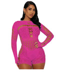 Women's Sexy Long Sleeve Jumpsuit See Through Outfit Sheer Mesh Hollow Out Night Club Short Romper - Matrix Studios