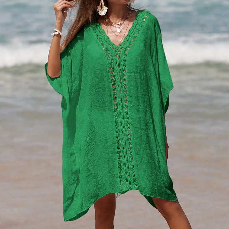 Holiday Crochet Knitted Beach Cover-Ups Dress Splicing Loose Dress Solid Color Beachwear transparent Sunscreen Sexy Beach Smock - Matrix Studios