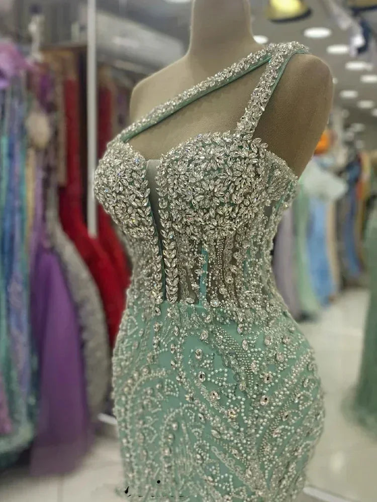 Customized Exquisite Evening Dresses Gorgeous Dazzling One Shoulder Backless Fishtail Gown Beading Long Dress Formal Party Gowns - Matrix-studios.com