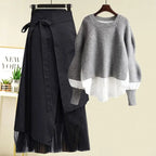 Women's Spring Autumn New Fashion Fake Two Piece Knit Sweater+Strap A-line Skirt Suit Korean Elegant Pullover Dress Matching Set - Matrix-studios.com