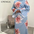 Arabesque Bell Sleeve Flowy Maxi Abaya Dress Elegant Floral Print Muslim Modest Long Dress Islamic Vacation Outfit Summer Robe - Matrix-studios.com