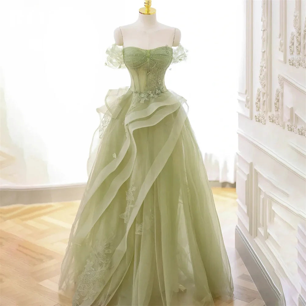 ROSES Sage Green Prom Dress Appliques Tulle Celebrity Dresses Tiered Pleat Women's Evening Dress Sweetheart Formal Gown 프롬 드 - Matrix-studios.com