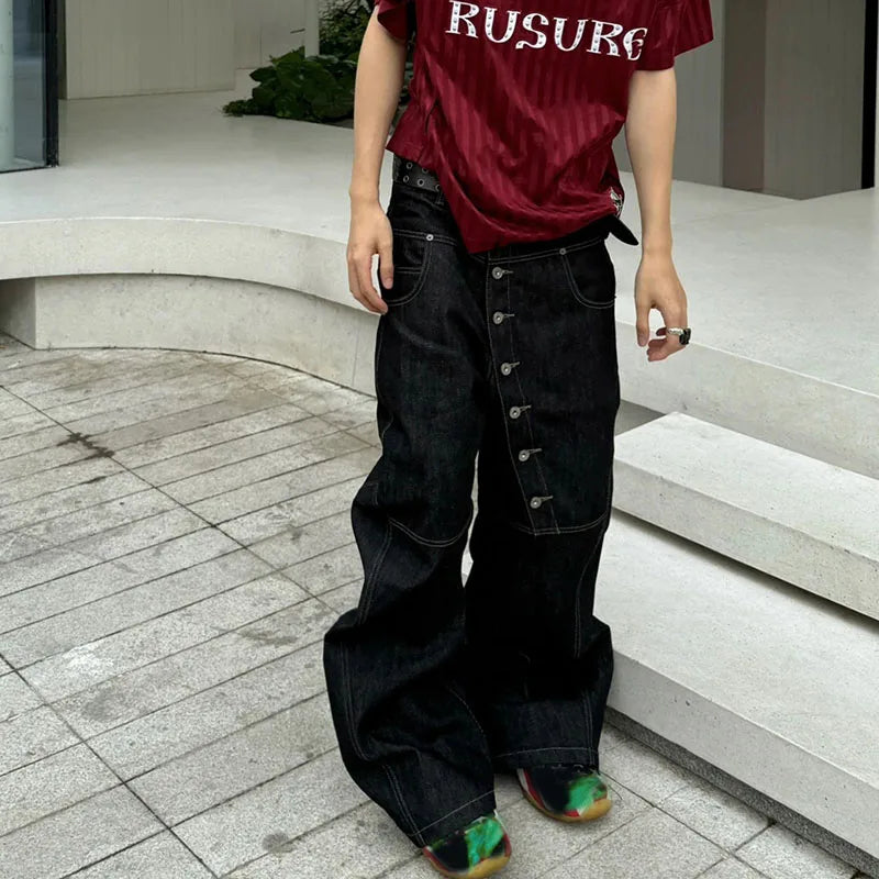 Korean High Street Buckle Curved Jeans Autumn Men'S Loose Straight Leg Pants Black Wide Leg Pants Casual Pants Hip-Hop Pants - Matrix Studios