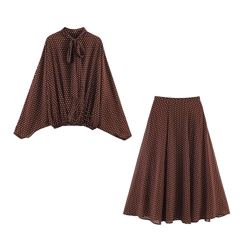 Polka Dot Printed Midi Skirts Two Piece Sets for Women 2025 Summer Chic Bow Tied Blouse Top Suits Woman 2 Piece Outfits - Matrix-studios.com