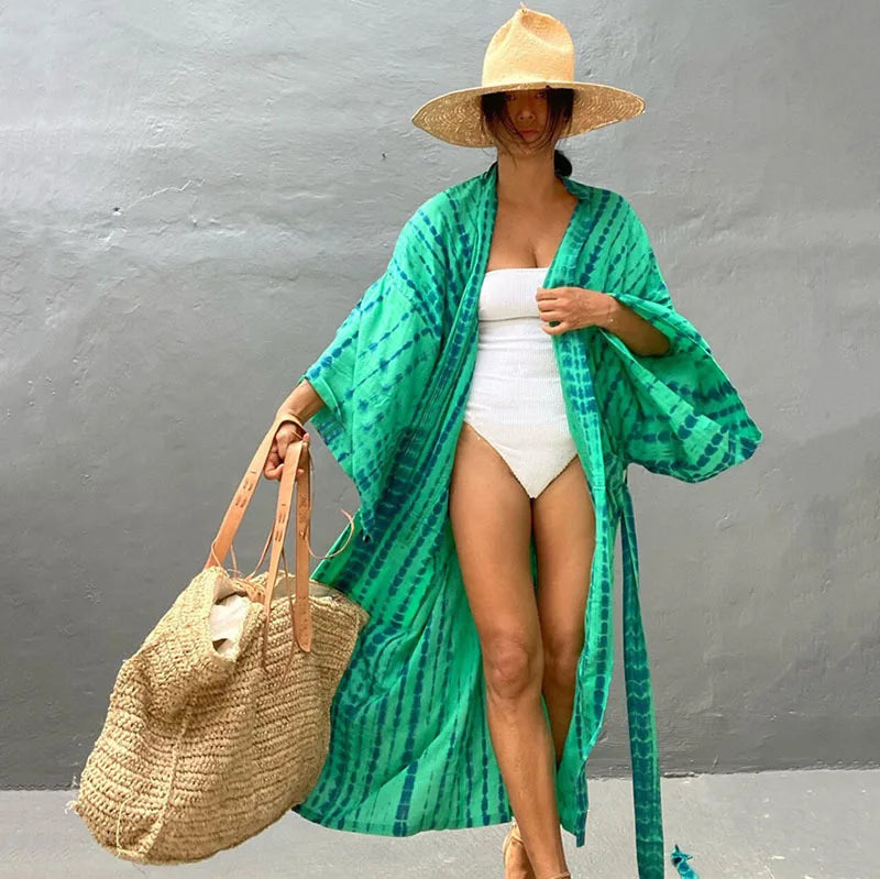 Long Kimono Swimsuit Cover up for Women Stylish Tie Dye Open Front Beach Outfits Bathing Suit - Matrix Studios
