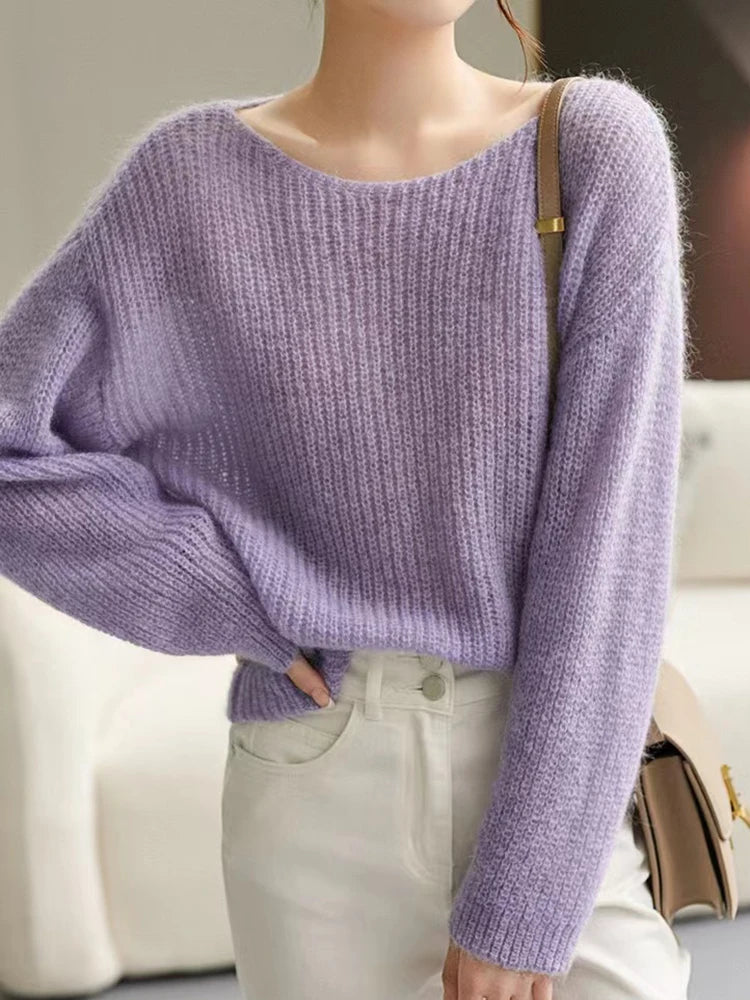 Elegant See-through Women Sweater Pullover Loose Jumper Autumn Winter Soft Warm Women Knitwear Sweater Basic Solid Cashmere Tops - Matrix Studios