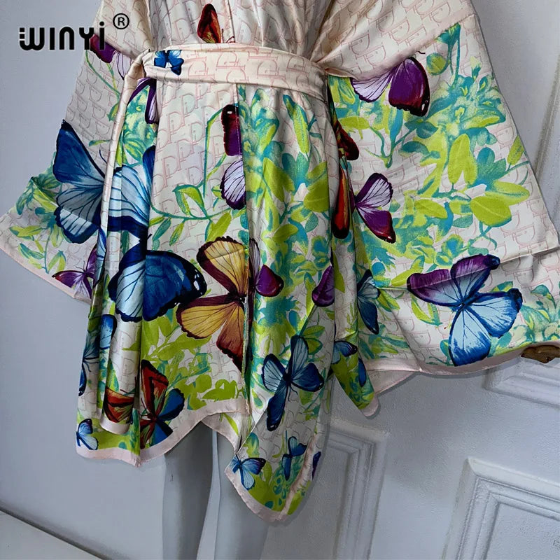 WINYI Africa Print Summer Beach Bohemian Long Cardigan Cover-up Casual Boho Maxi Holiday Party Kimono with Belt Beachwear - Matrix Studios