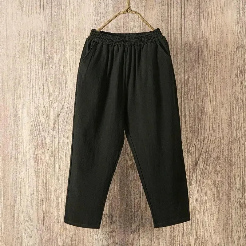 Women Summer Casual Loose Harem Elastic Waist Cotton Linen Pants Ninth Trousers - Matrix-studios.com