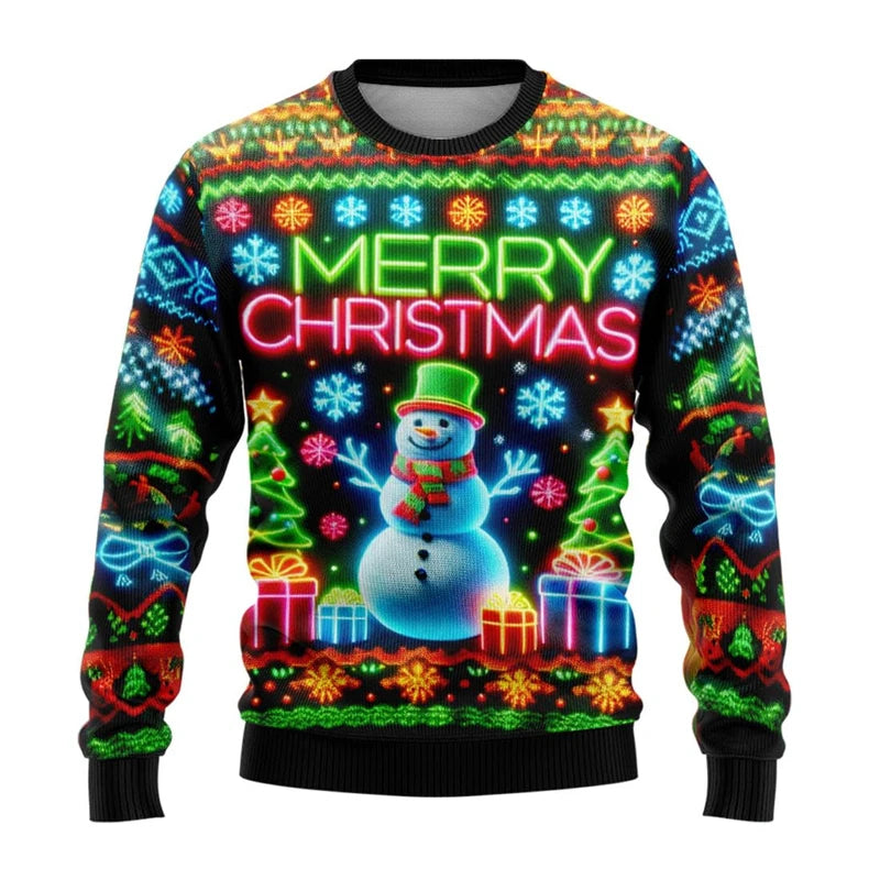 Neon Snowman Graphic Sweatshirts 2025 Merry Christmas 3D Printed Ugly Sweater For Women Clothing Snowflake Gifts Boy Tracksuit - Matrix Studios