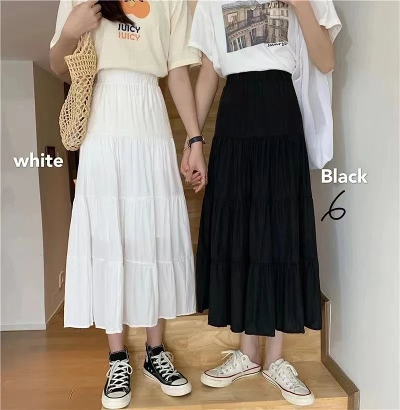 Spring Summer Women Skirts Vintage High Waist Elastic Patchwork White Black Chic Long Cake A-line Skirt - Matrix-studios.com