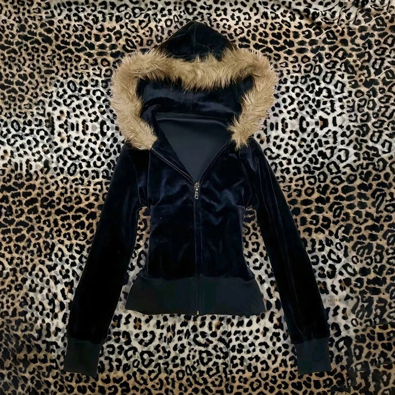 Y2K Harajuku Gothic Women's Hoodie Sexy Slim Chic Suede Fur Collar Letter Print Cardigan Sweatshirt Aesthetic Female Streetwear - Matrix Studios