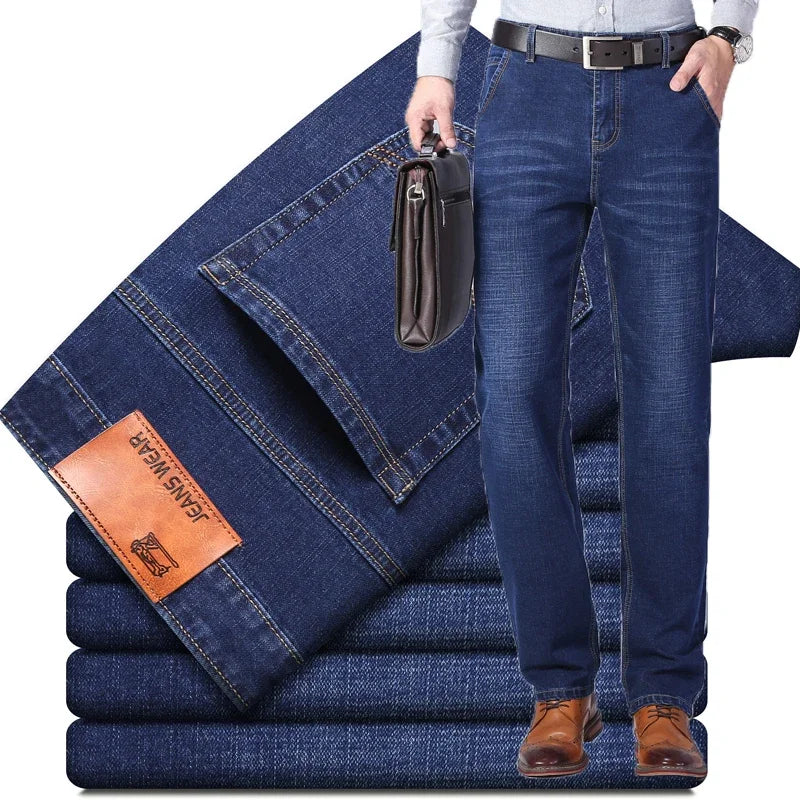 2026 New Men's Stretch Regular Fit Jeans Business Casual Classic Style Fashion Denim Trousers Male Black Blue Gray Pants - Matrix Studios