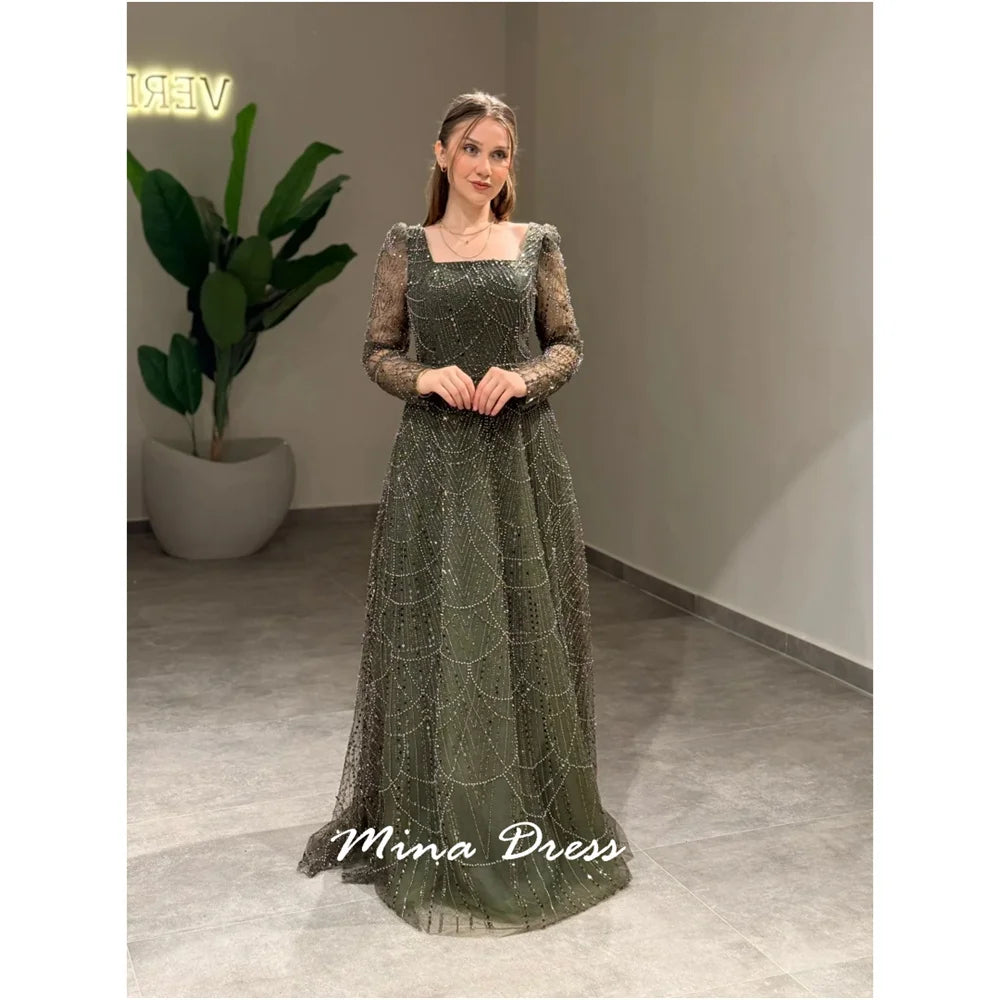 Mina Customized Beads Women's Elegant Dresses for Special Occasions Sequin Square Collar Arabic Evening Dress Luxury Party Dress - Matrix Studios