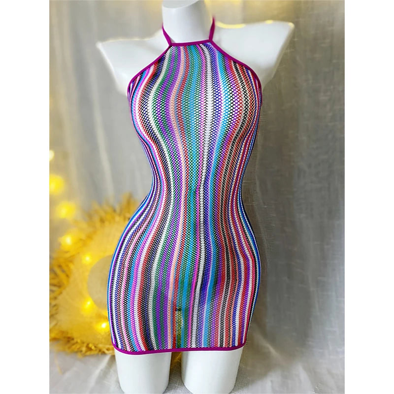 Women Rainbow Striped Cover Up Fishnet Bodycon Dress Halter Elastic Hollow Out Swimsuit Festival Beach Vacation - Matrix Studios